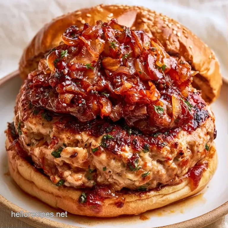Perfectly stacked burger on a wooden board with glossy brown onions dripping over a melted cheese slice.