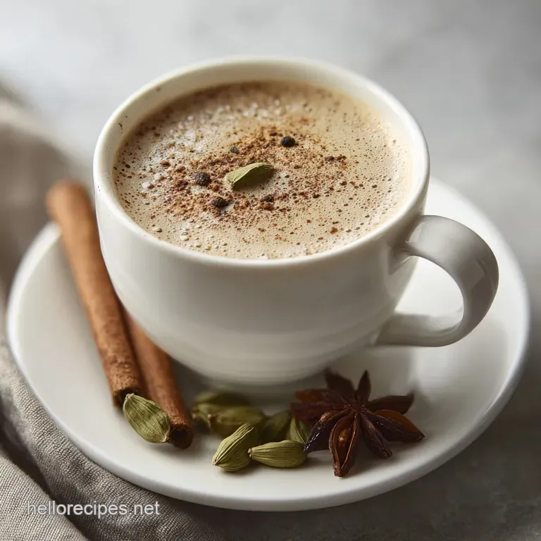 Warm chai coconut milk in delicate mugs, cinnamon stick garnish. Evokes feelings of comfort and relaxation.