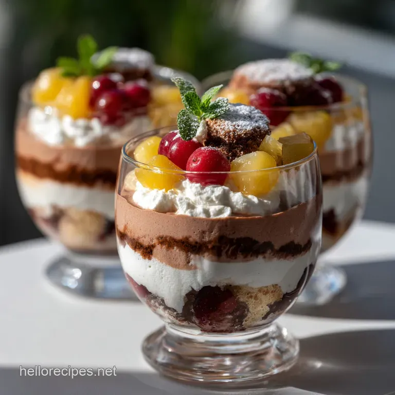 Individual servings of bubbly mousse artfully arranged on a mirrored tray, garnished with fresh mint and a dusting of spar...