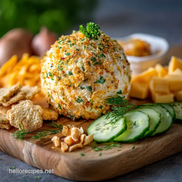 Creamy, cheesy sphere coated with cheddar and herbs on a platter, surrounded by crackers for scooping up a tasty bite.