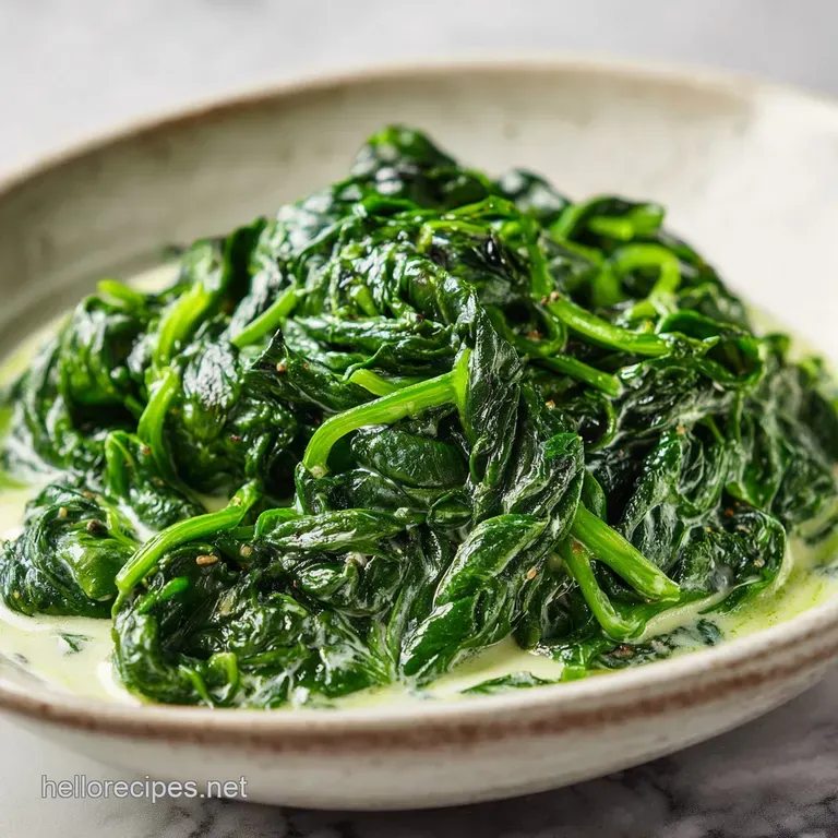 Elegant white porcelain bowl filled with velvety green spinach and melted cheese, garnished with fresh herbs.