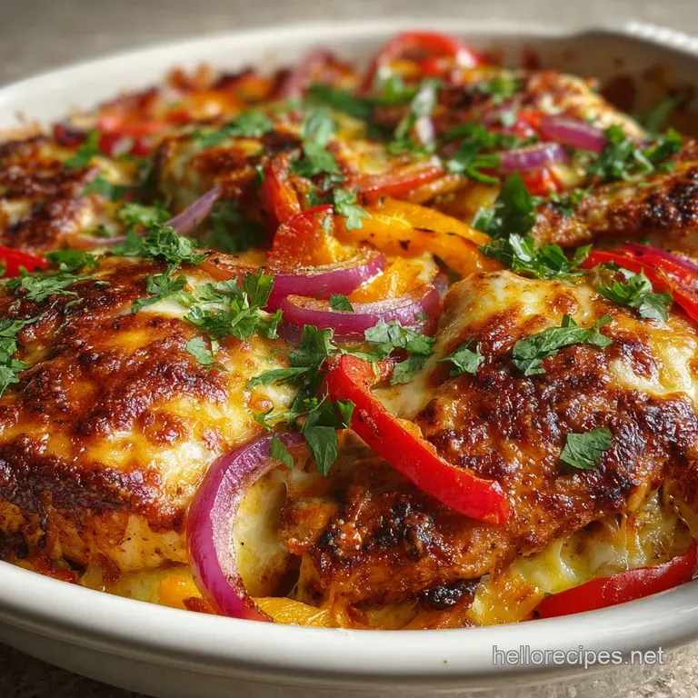 Plated cheesy baked chicken with vibrant bell peppers and onions, garnished with fresh cilantro and a dollop of sour cream.