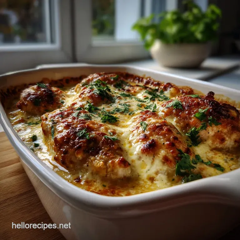 Tender chicken and melted mozzarella, artfully plated with a vibrant green herb garnish and a drizzle of olive oil.