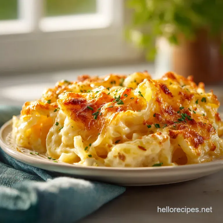A slice of creamy potato casserole, showcasing layers of tender potatoes and rich, melted cheese, elegantly served.