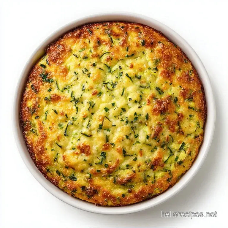 A square slice of bubbly, golden zucchini bake served on a white plate with a garnish of fresh green parsley.