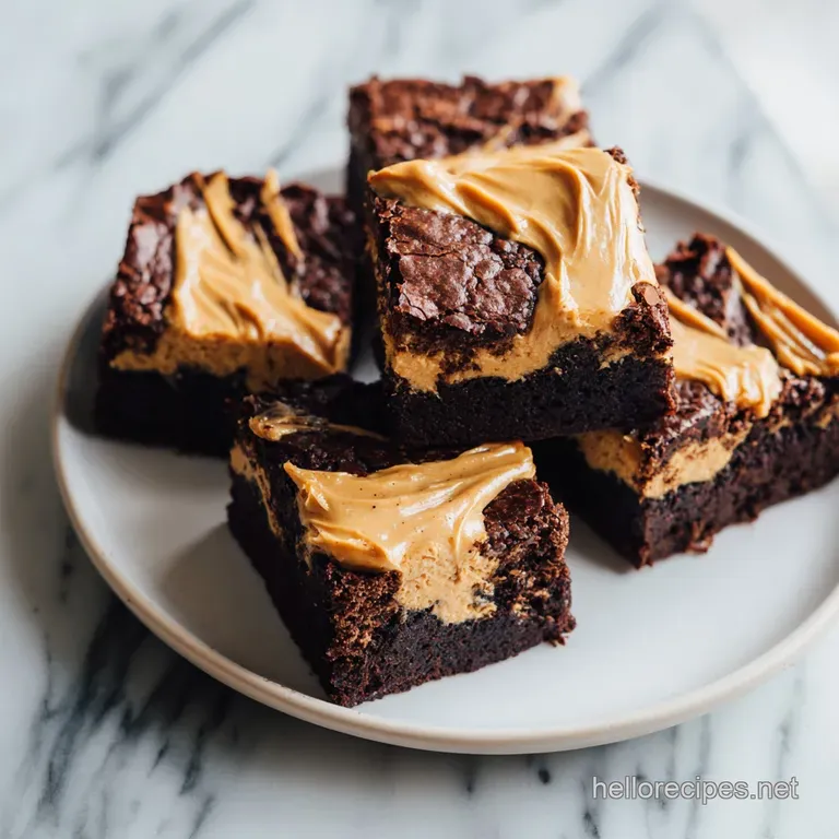A single brownie square drizzled with melted peanut butter, artfully placed on a dark slate.