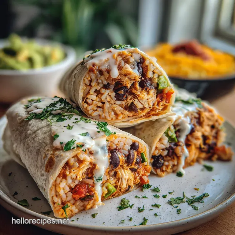 A single, warm baked burrito cut open to showcase the savory chicken and bean filling. Garnished with vibrant cilantro spr...