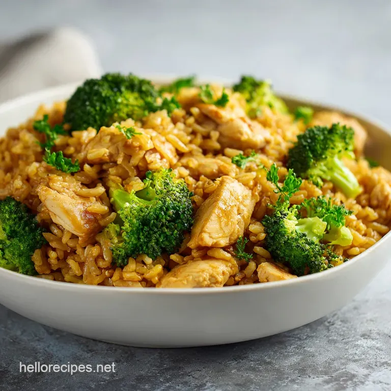 A creamy scoop of chicken and broccoli served in a minimalist white bowl, topped with a pinch of fresh parsley.