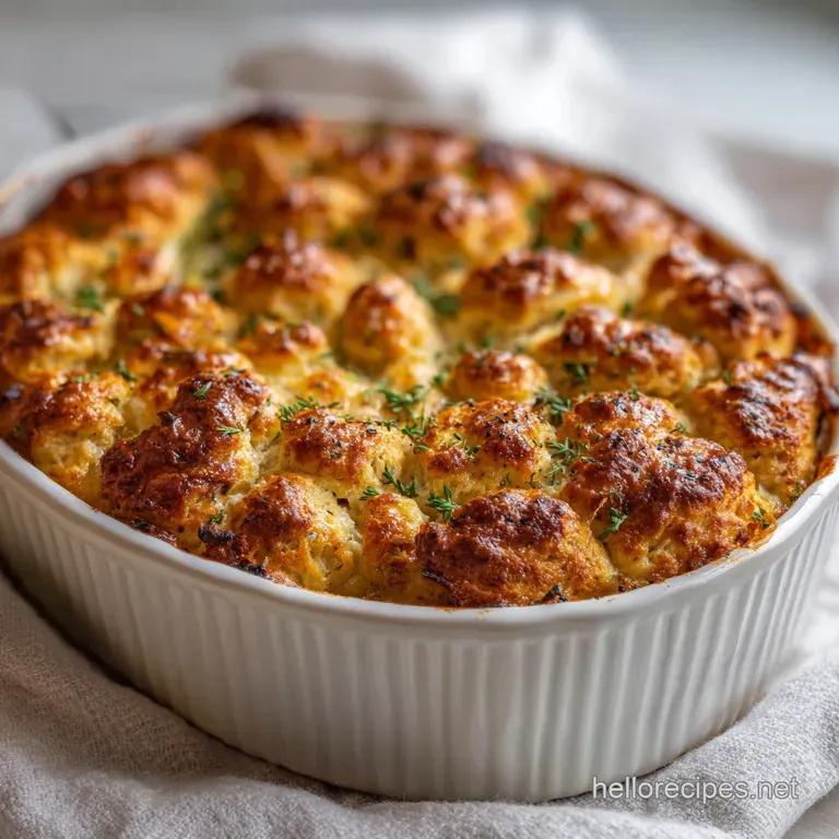 A single serving of chicken and biscuits, the creamy filling steaming next to a golden, flaky biscuit with herbs sprinkled...