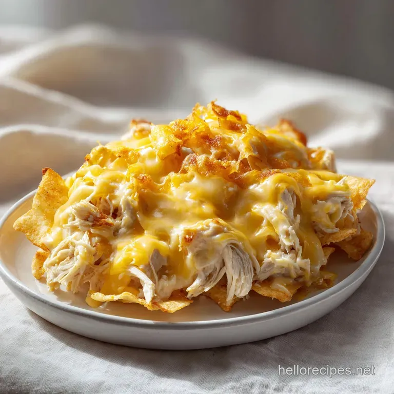 A portion of creamy chicken topped with golden potato crisps served on a white plate with a side of green peas.