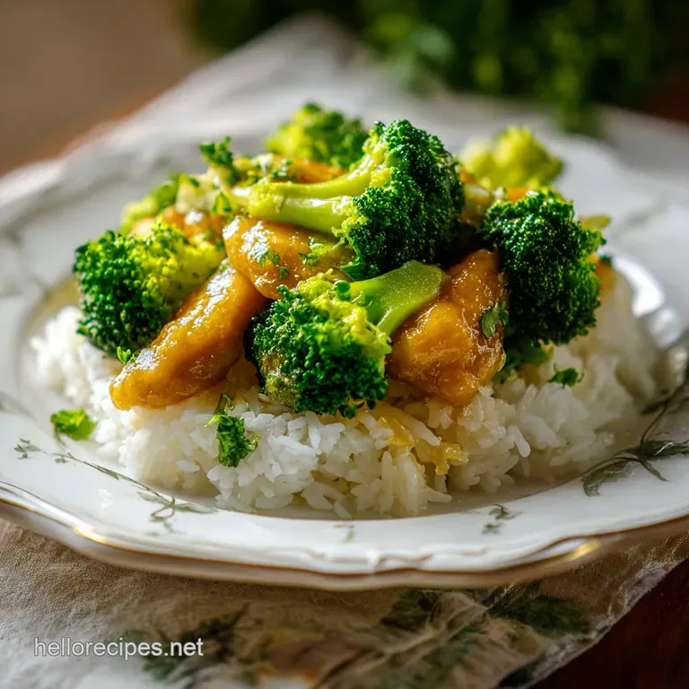 A ceramic dish of bubbly creamed chicken and broccoli, garnished with fresh parsley on a rustic wooden dining table.