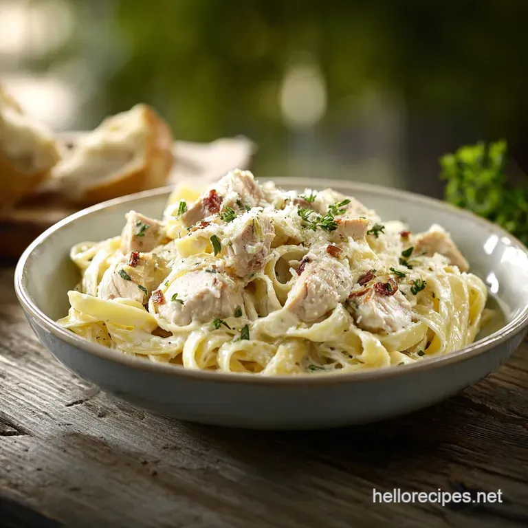 Elegant plate of fettuccine alfredo with sliced chicken. Shaved parmesan and cracked pepper complete the appetizing presen...