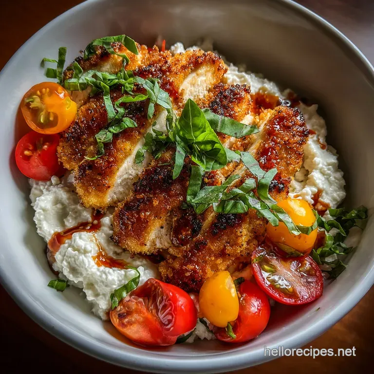 Elegant bowl with crispy chicken parmesan pieces atop creamy cottage cheese, swirled with vibrant red sauce, herbs, and me...