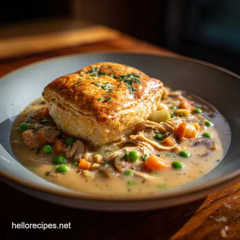Elegantly plated creamy soup with flaky biscuit, bright herbs, and a swirl of cream in a rustic bowl. Warm and inviting.