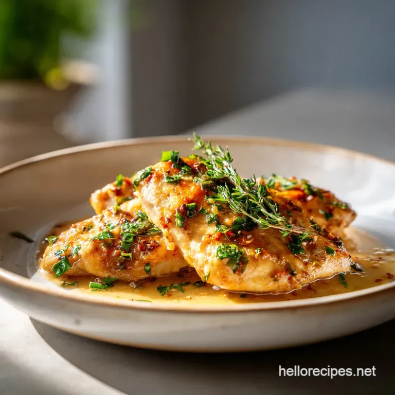 Elegant plate of tender scallopini, drizzled with bright lemon sauce, paired with vibrant green asparagus spears, ready to...