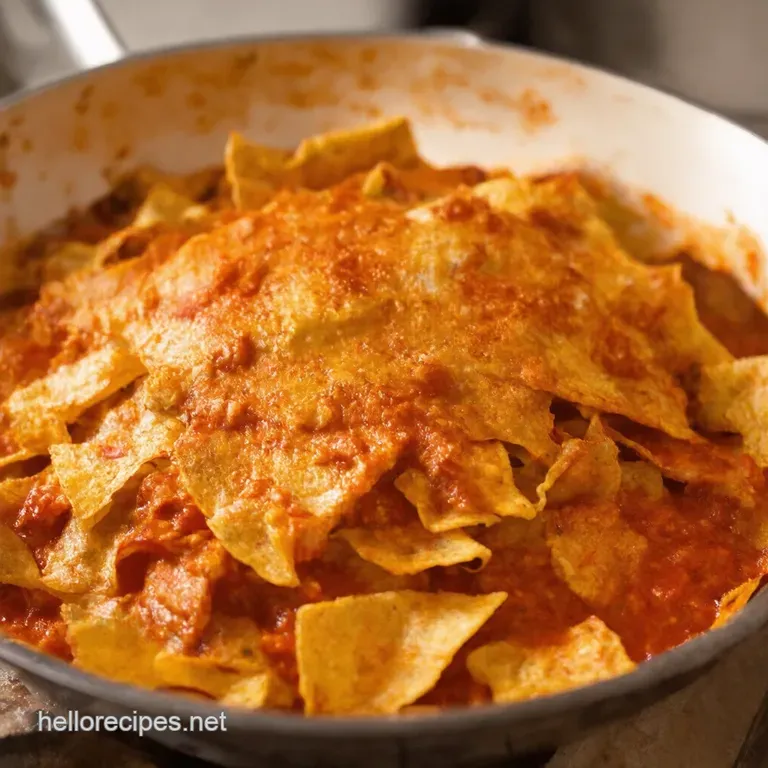 Chilaquiles Rojos Crispy Tortilla Chips in Spicy Red Sauce presentation