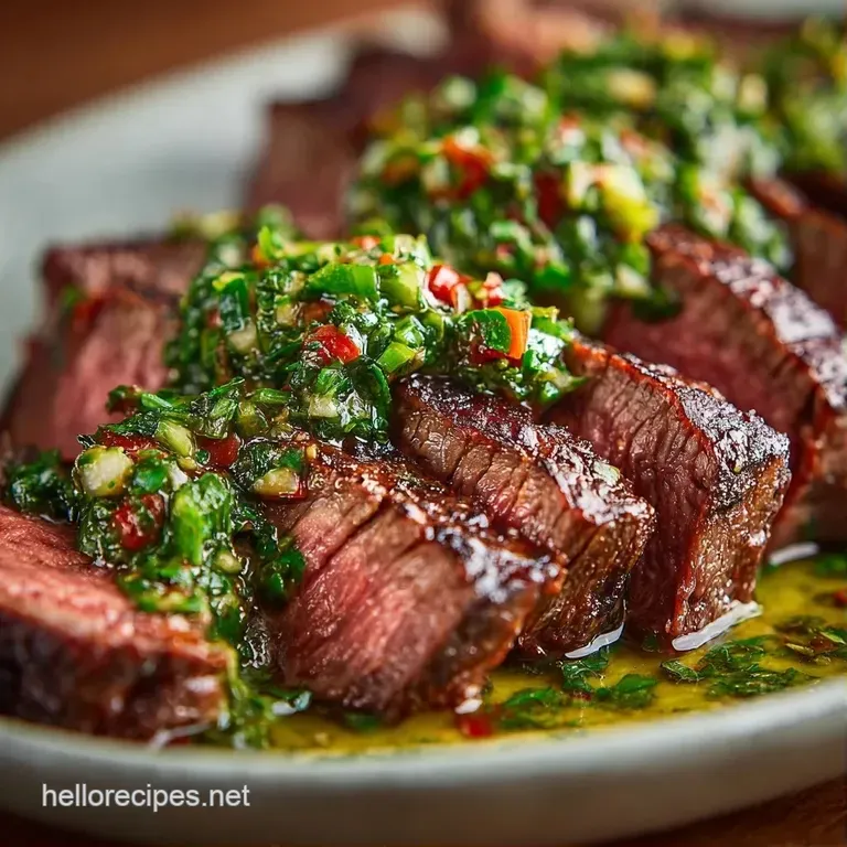 Thinly sliced seared beef arranged neatly on a white ceramic plate, drizzled with glossy green oil and fresh herbs.