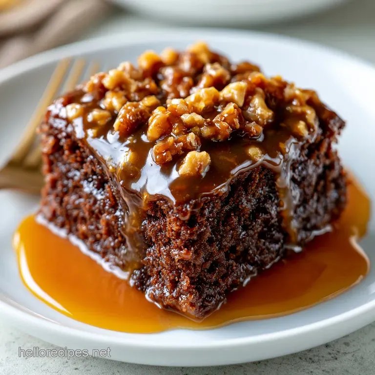 A slice of rich chocolate cake on a marble platter with gold-flecked toffee and a swirl of thick cream on the side.
