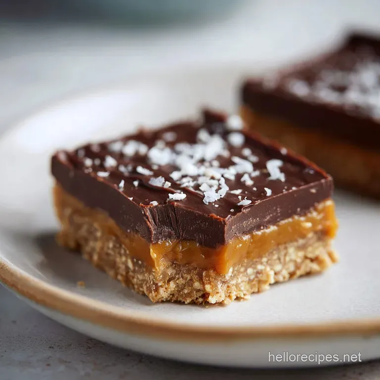 Neatly stacked snack bars on a white plate. Crumbs suggest a soft, chewy texture, contrasting with the shiny melted chocol...