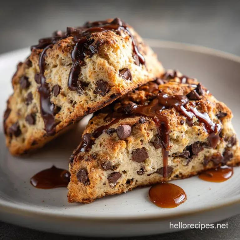 A single, beautifully imperfect sourdough scone with dark chocolate oozing, served on a white plate, inviting the eye to t...