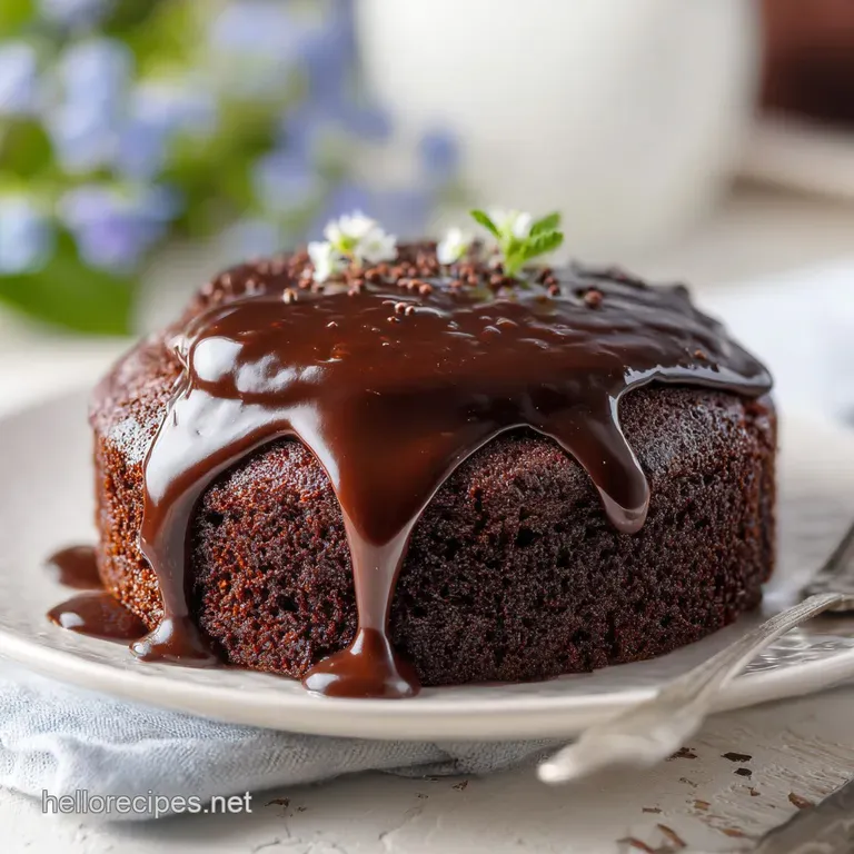 Square piece of rich dark chocolate cake on a white plate with a glossy chocolate drizzle and a fresh raspberry.
