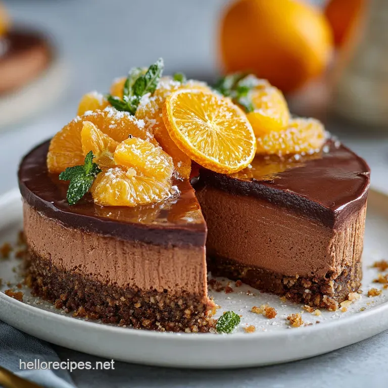 A slice of chocolate orange cheesecake, artfully plated with cocoa powder dusting & candied orange peel. Rich, decadent, a...