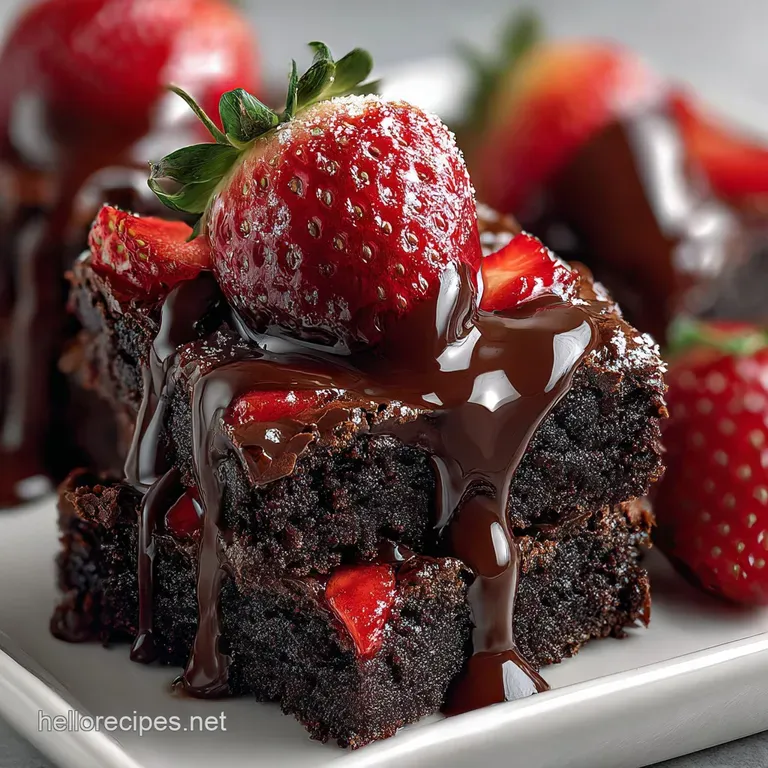 A single brownie, dusted with cocoa powder, is topped with sliced strawberries, a beautiful juxtaposition of dark chocolat...