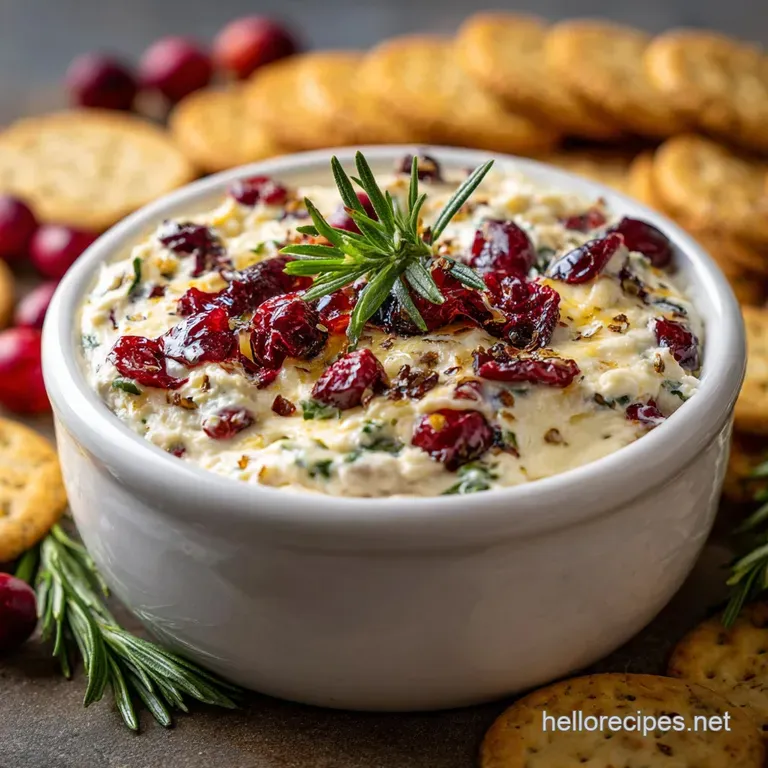 Festive Christmas dip in a glass bowl, artfully garnished with parsley and cranberries, paired with colorful tortilla chips.