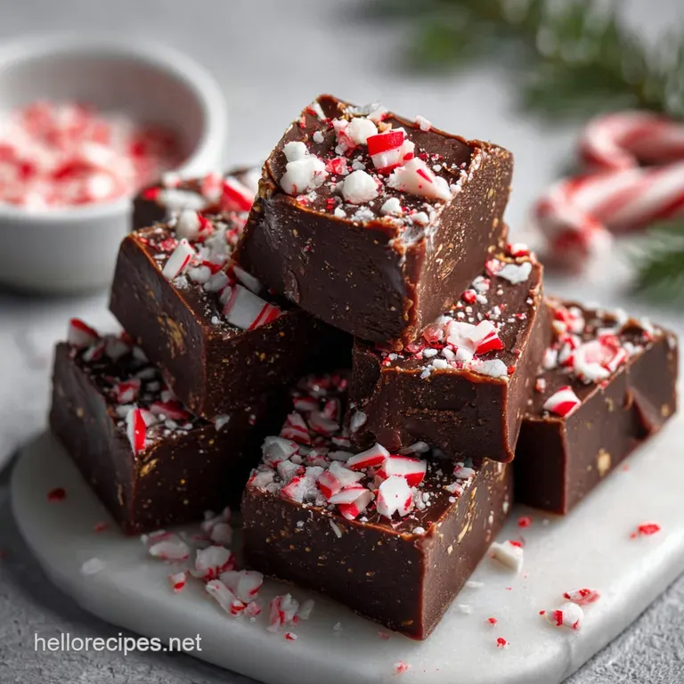 Elegant arrangement of fudge squares on a holiday platter, dusted with powdered sugar and garnished with cranberries and r...