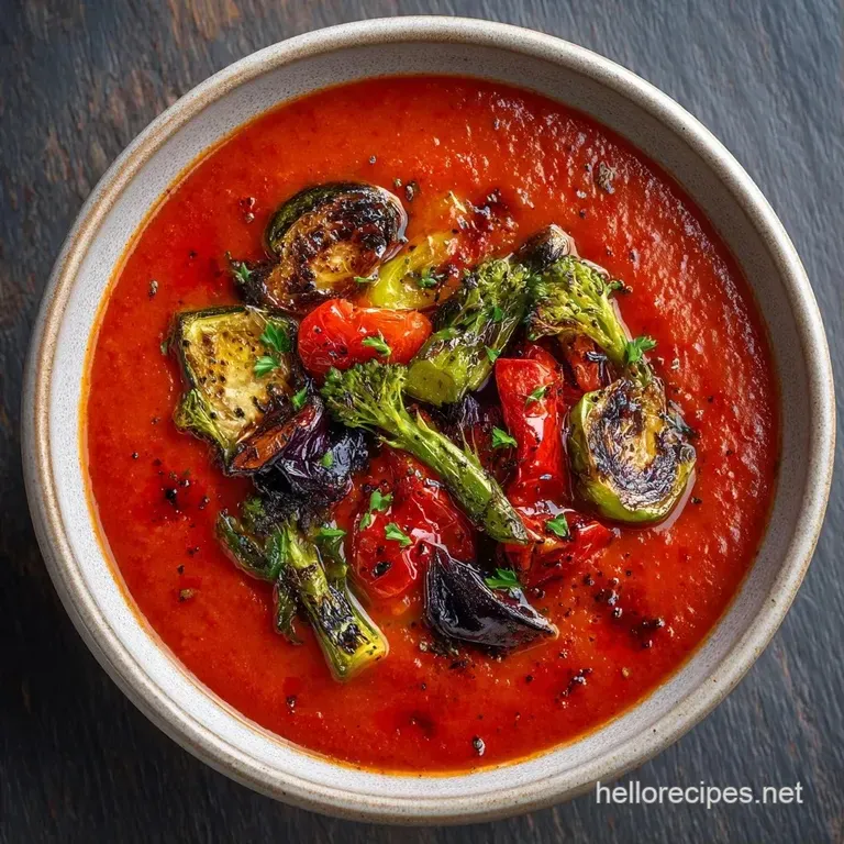 Deep red rustic soup in a white porcelain bowl with a cream swirl and fresh basil on a light wood surface.
