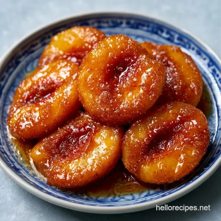 A tender, roasted peach half on a ceramic plate, drizzled in amber syrup and garnished with a fresh mint leaf.