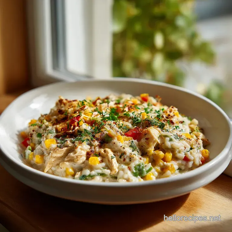 A generous scoop of creamy chicken and rice casserole served in a rustic bowl, garnished with fresh herbs.
