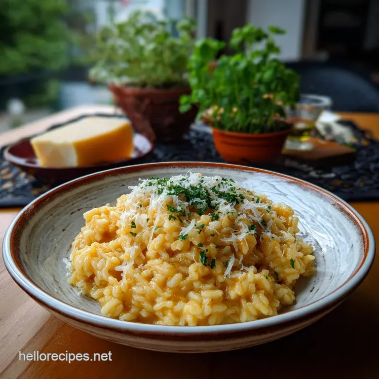 Elegant, single serving of creamy risotto artfully plated. Glistening grains, rich color, with delicate cheese shavings fo...