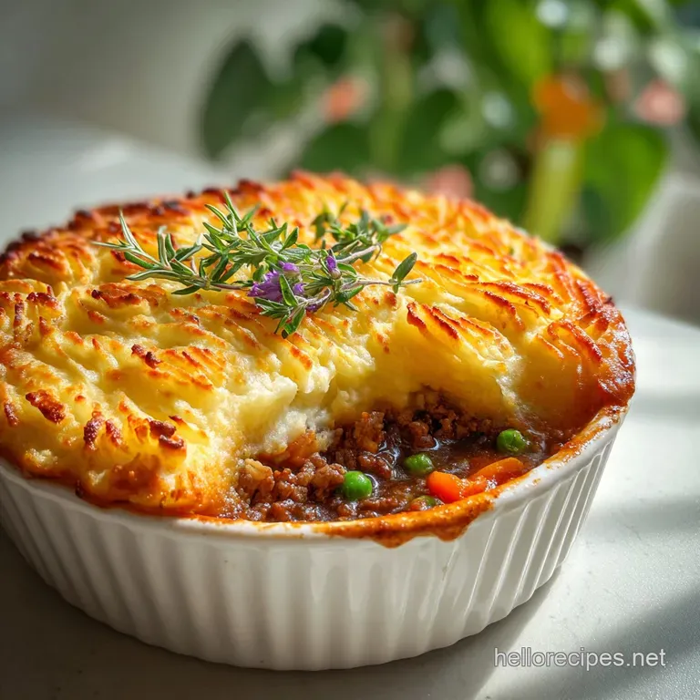 Individual shepherd's pie in a ramekin. Creamy, piped parsnip topping is lightly browned, garnished with fresh herbs.