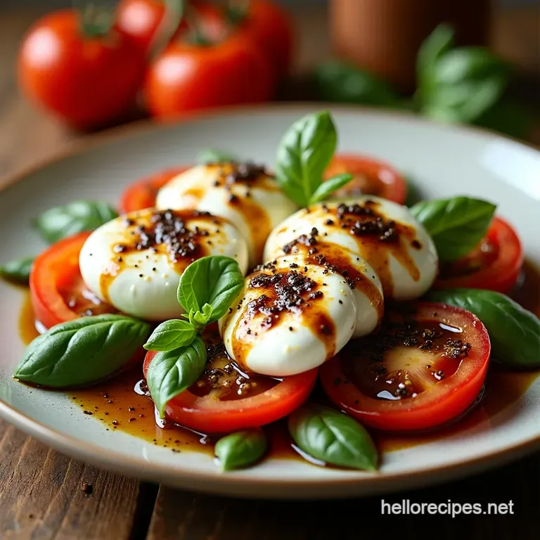 The Cloud Nine Tomato Burrata Salad with Balsamic Glaze Basil Oil presentation