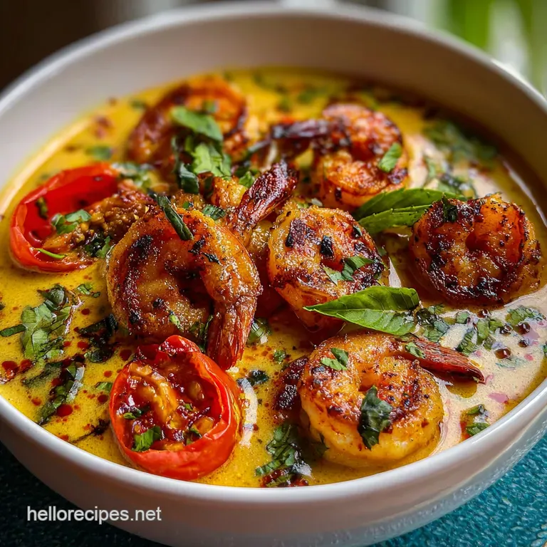 A perfectly plated portion of coconut curry shrimp: tender shrimp glistening with sauce over fluffy rice and bright green ...