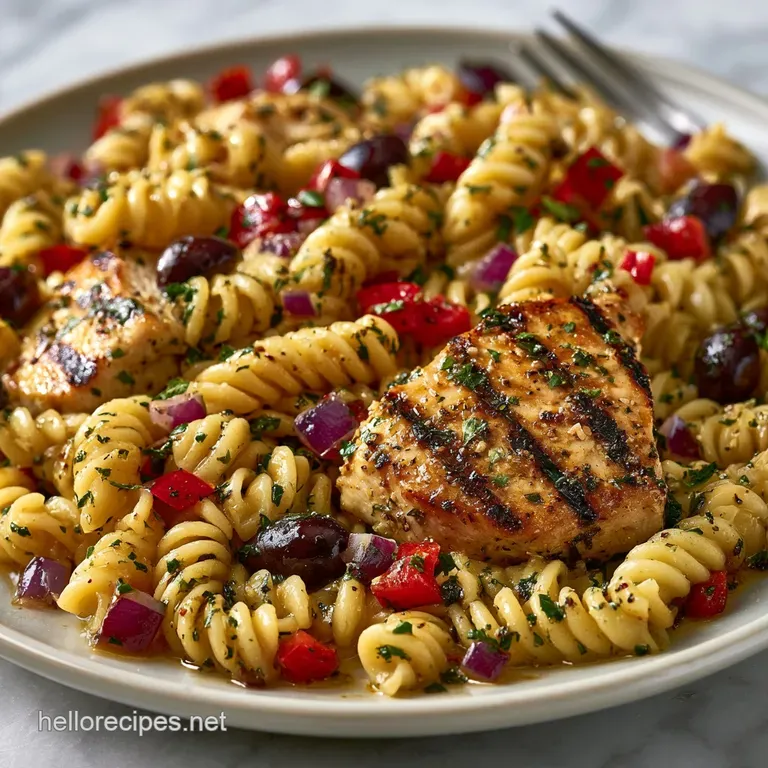Vibrant pasta and grilled chicken in a white ceramic bowl, garnished with fresh parsley on a light wooden table.