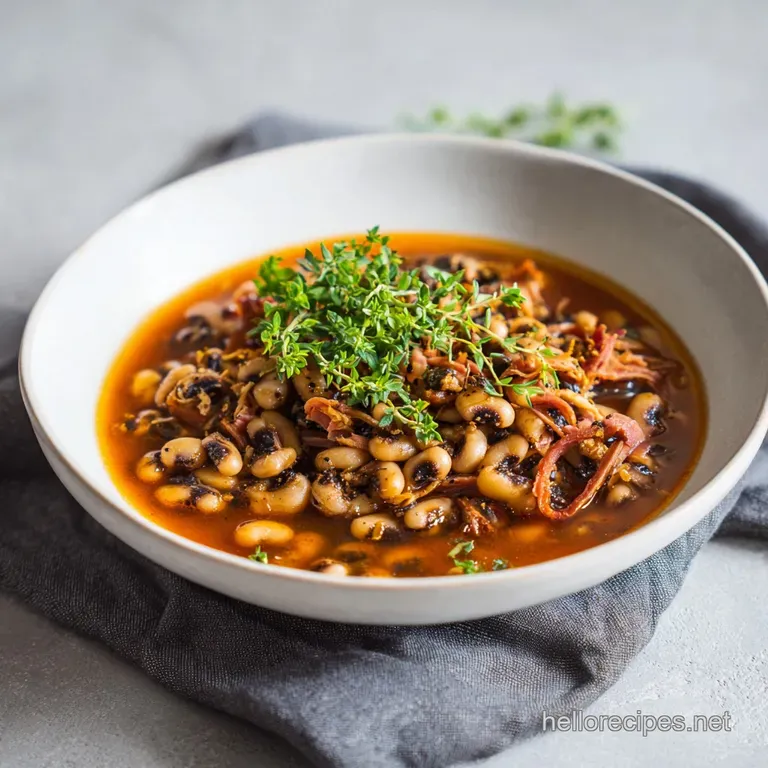 A white bowl of creamy legumes and tender smoked meat topped with herbs, placed on a weathered wooden surface.
