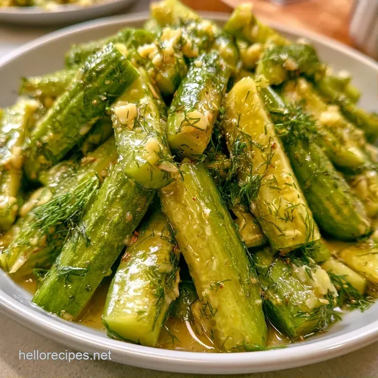 Neatly sliced cucumber rounds on a white ceramic plate, garnished with bright green dill and a glossy sheen.