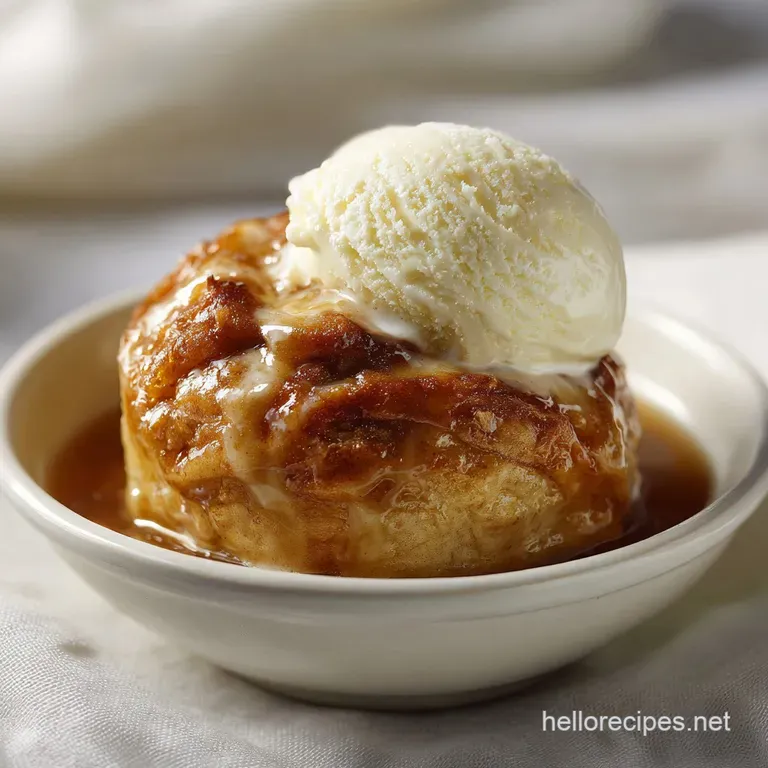 A rustic ceramic dish filled with tender apple dumplings, dusted with cinnamon sugar and drizzled with caramel.