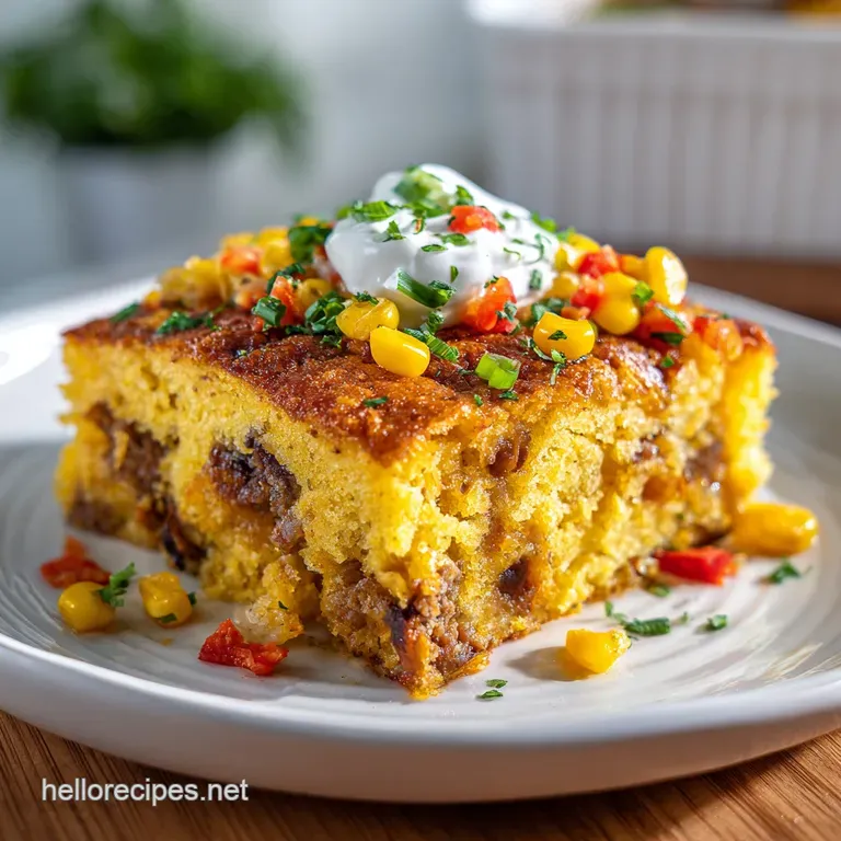 A slice of cowboy cornbread casserole on a plate, steam rising. Crumbles of cornbread and visible corn kernels.