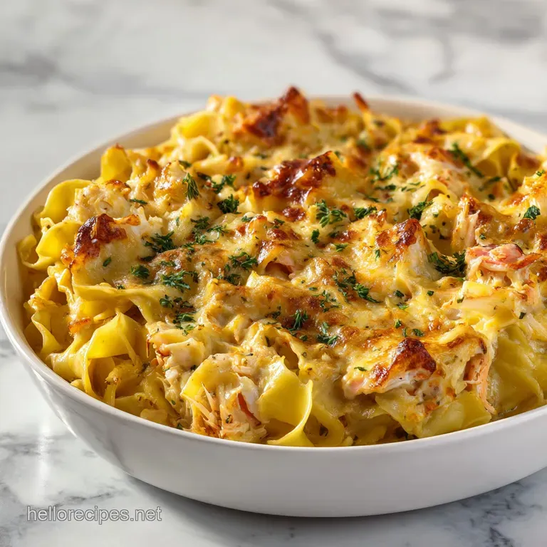 A creamy white seafood bake served in a ceramic ramekin with a crisp, toasted crust and a sprinkle of chopped chives.