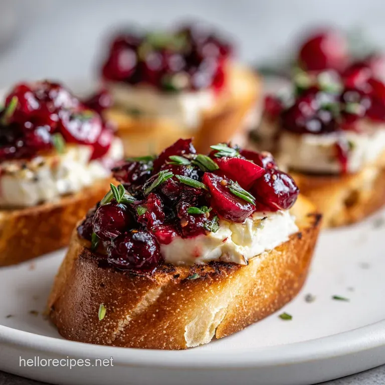 Elegant crostini plated: creamy brie melting over jewel-toned cranberries, atop toasted bread, garnished with vibrant gree...