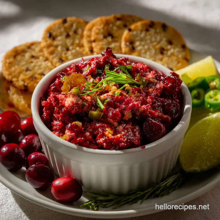 Artfully arranged dip in a small white bowl, garnished with fresh cranberries and herbs, presented on a wooden charcuterie...