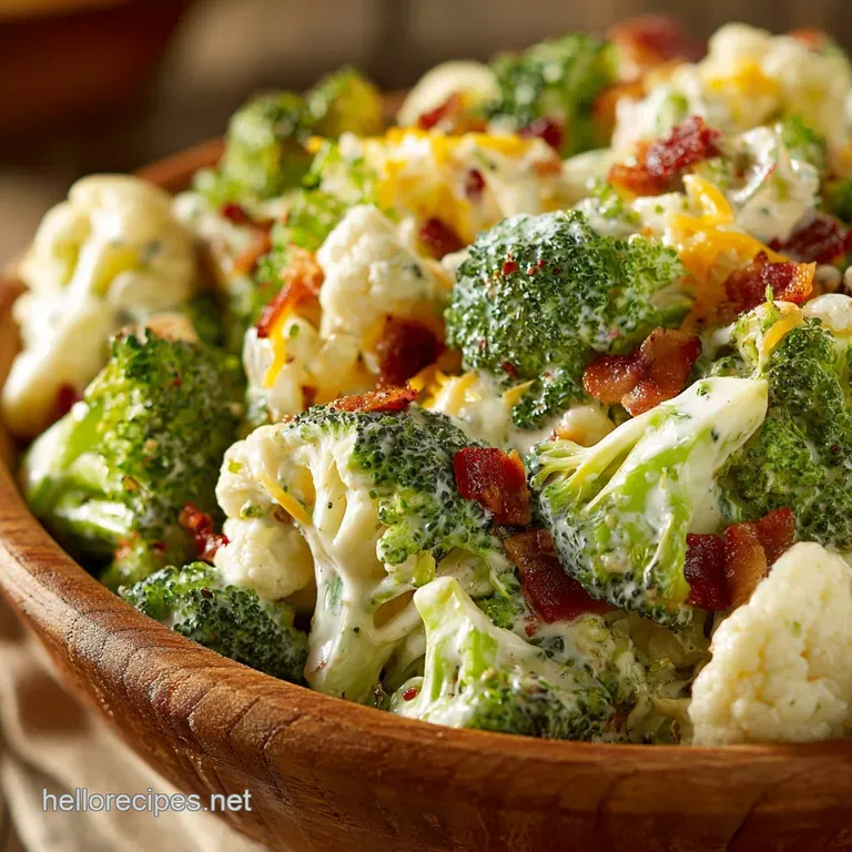 Creamy Broccoli and Cauliflower Salad with Bacon and Sharp Cheddar presentation