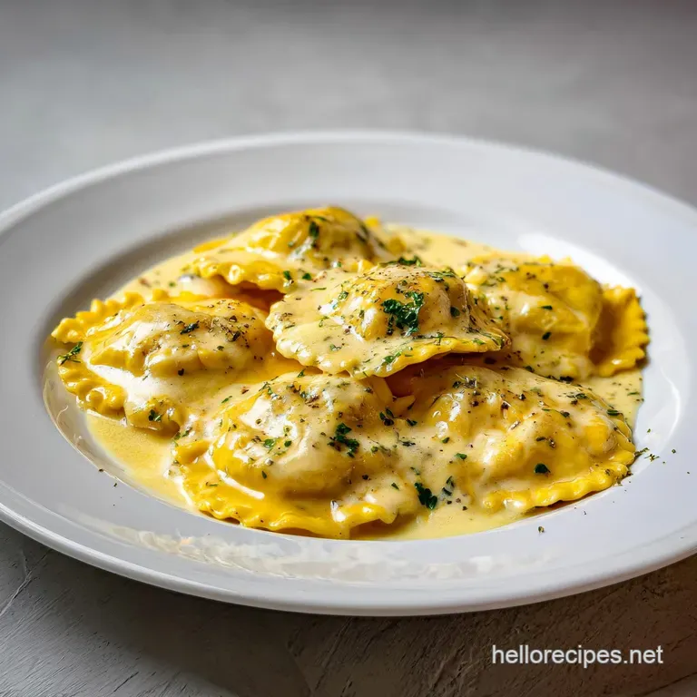 Elegant swirl of creamy garlic ravioli on a white porcelain plate, topped with a fresh basil leaf and black pepper.
