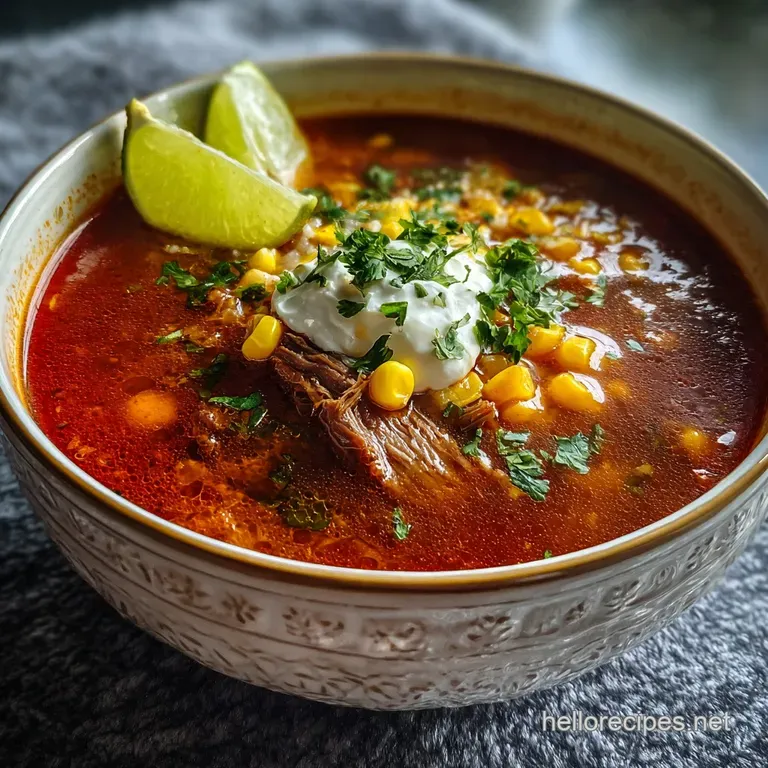 Creamy taco soup in a white bowl, garnished with fresh cilantro, a dollop of sour cream, and a sprinkle of vibrant red pap...