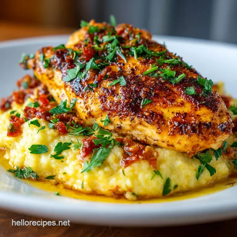 Seared chicken breast glistening with creamy Cajun sauce, artfully plated alongside vibrant green beans and a sprinkle of ...