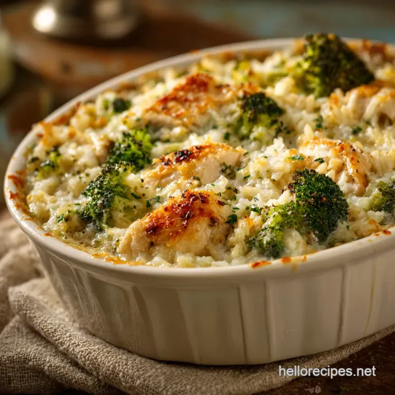 Chicken Broccoli Rice Casserole with Sharp Cheddar Sauce presentation