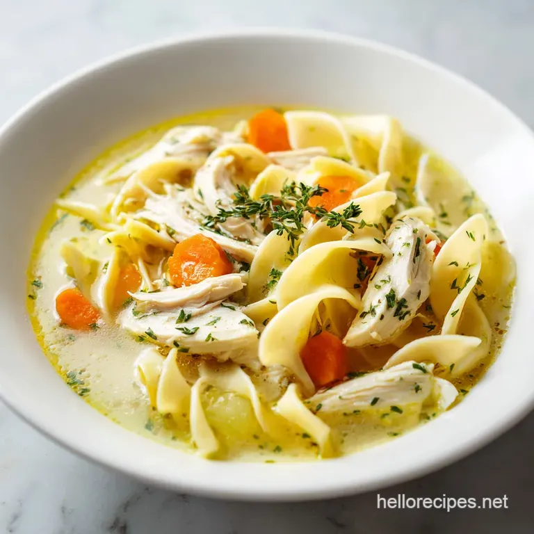 Elegant bowl of rich, creamy chicken noodle soup; parsley garnish adds a pop of color on a wooden surface.